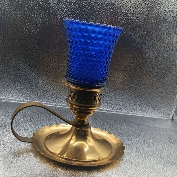 Pair of Vintage Brass Candlestick Holders & Blue Hobnail Glass Hurricane Shades - Picture 6 of 12